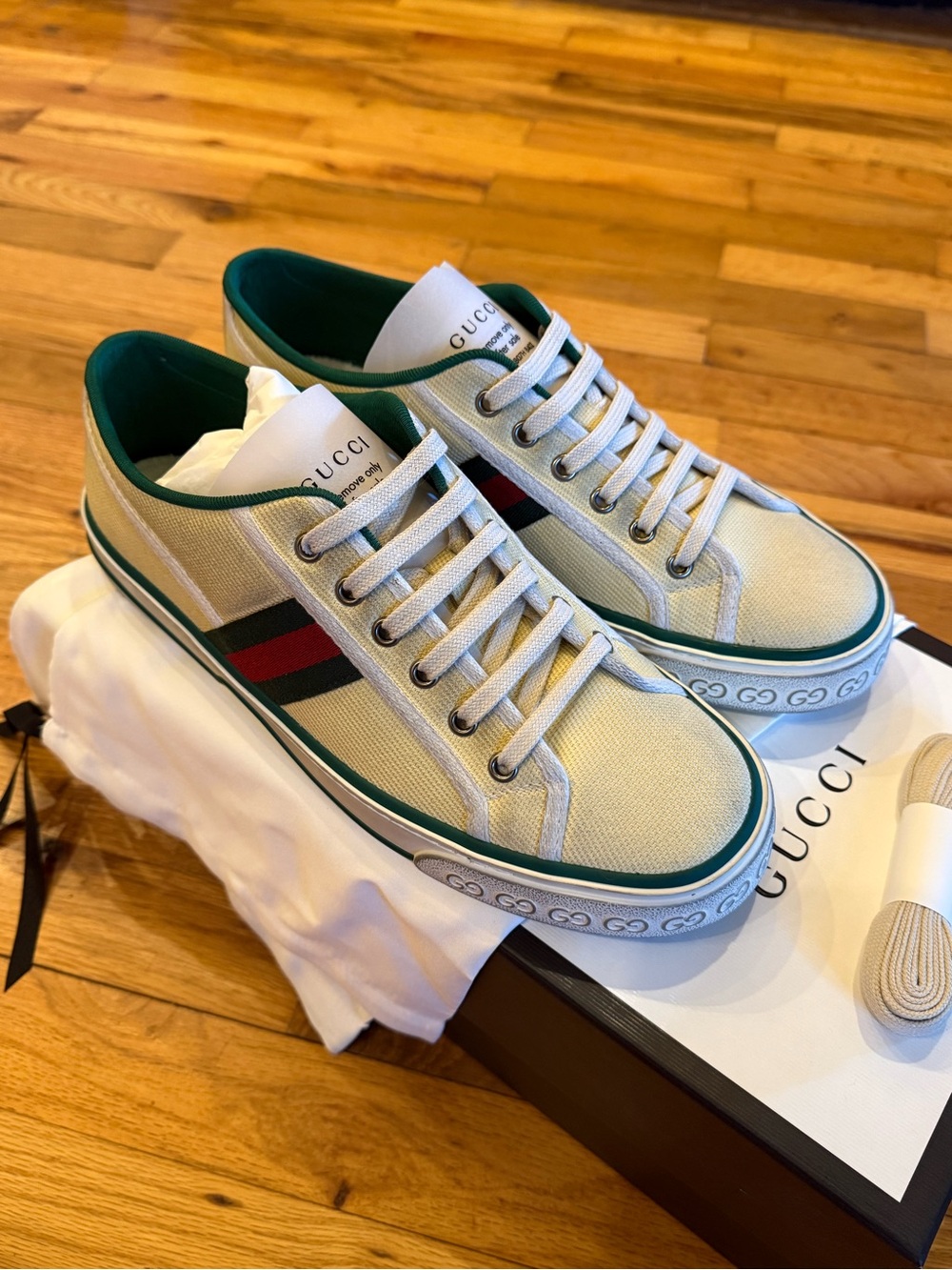 Gucci Men’s Beige Canvas Sneakers with Green & Red Web